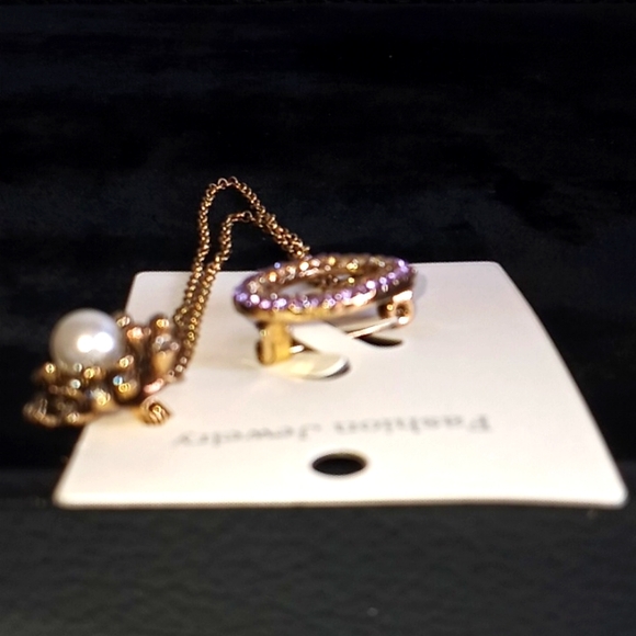 Tanzanite & Pearl Rhinestoned Chain Brooch - Picture 6 of 11